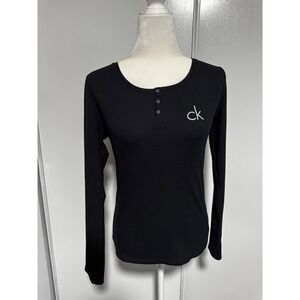 Calvin Klein Black Ribbed Long Sleeve Henley Shirt Women's Size Medium Sleepwear